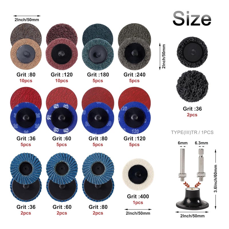 Shawya 60PCS 2 Inch Sanding Disc Quick Change Disc Set with Shank Holder Fits Various Grinder Roll Lock Disc Die Grinder Surface Conditioning, Polishing, Finishing and Burr Rust Paint Removal - Image 2
